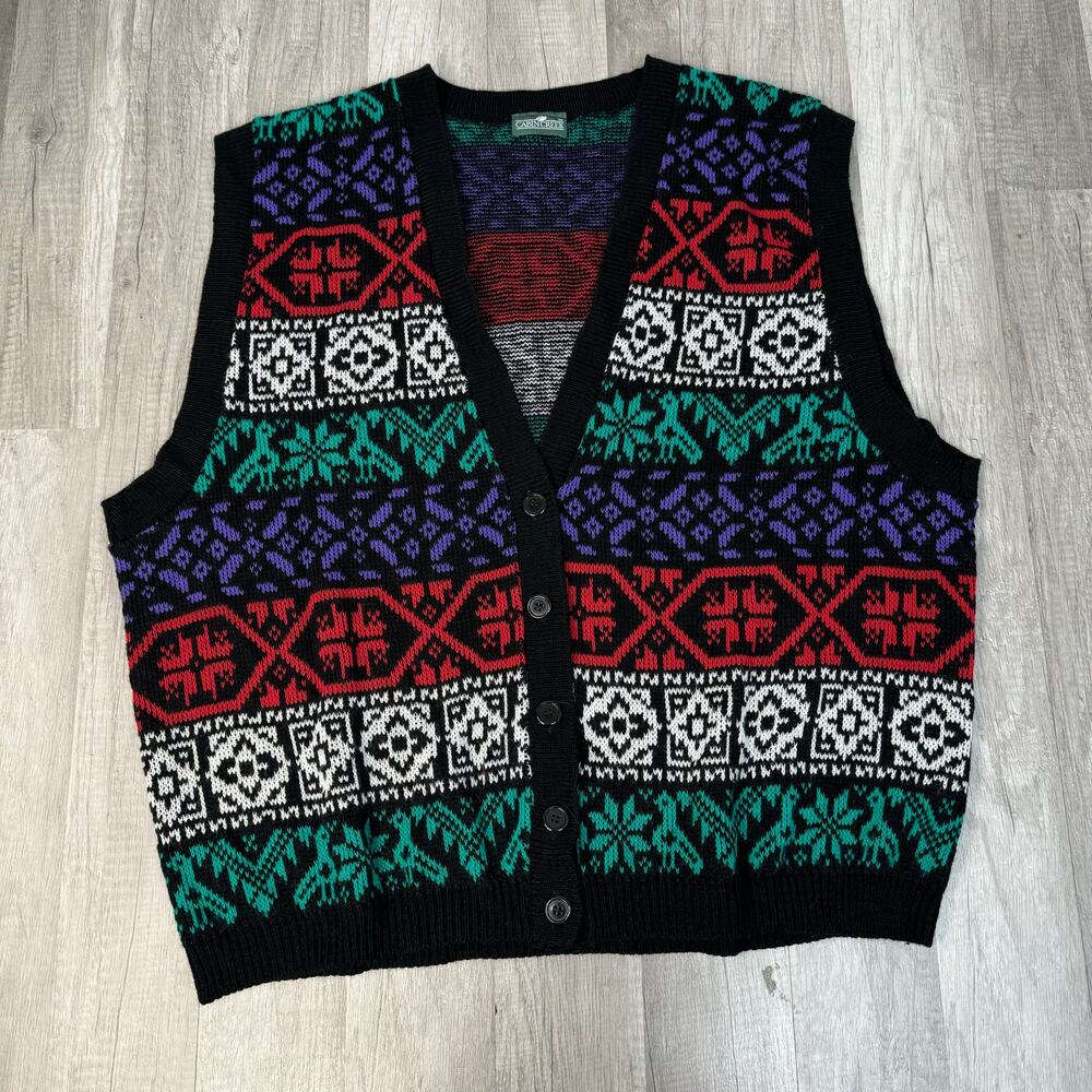 Vintage Button Front V-Neck Sweater Vest Striped Black Green White Red Purple